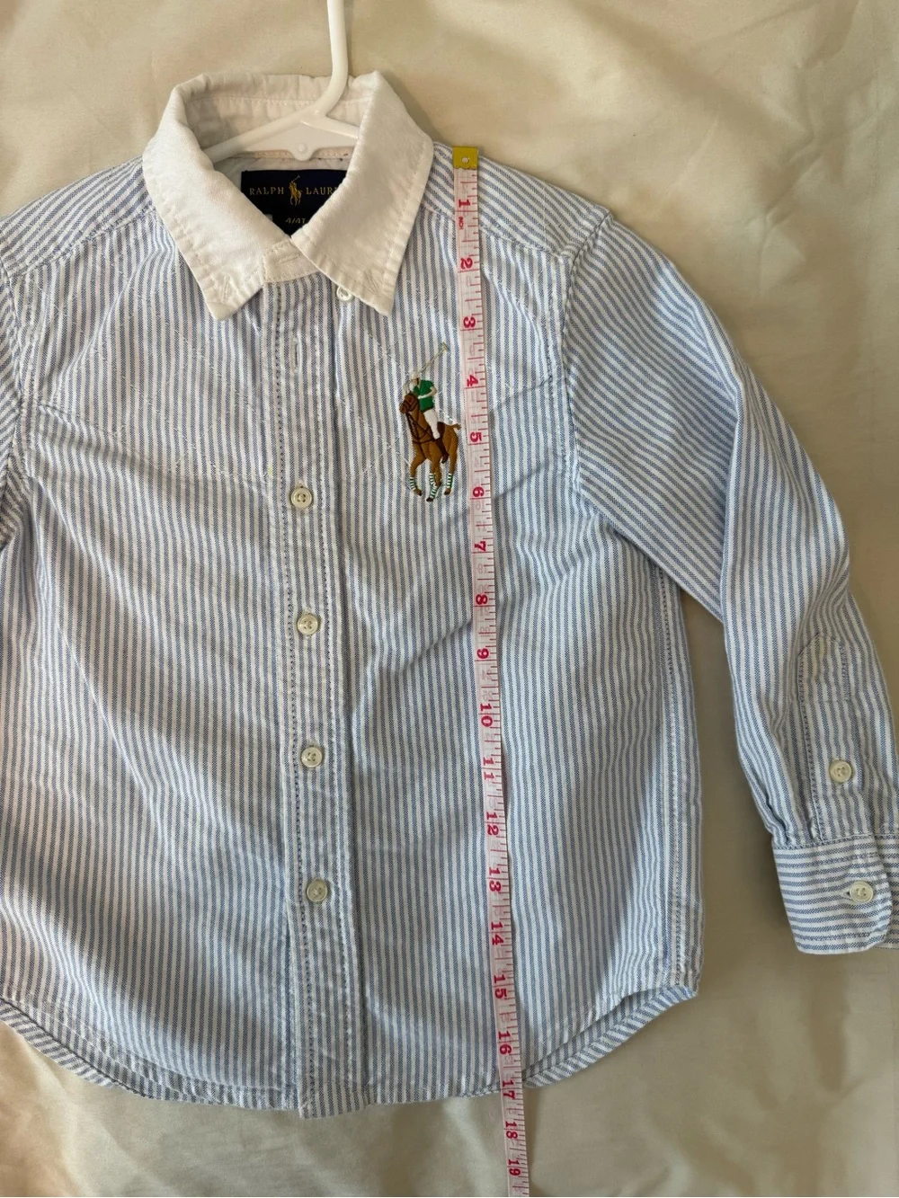 Ralph Lauren Light Blue & White Striped Button-Down Shirt 4T Large logo on front